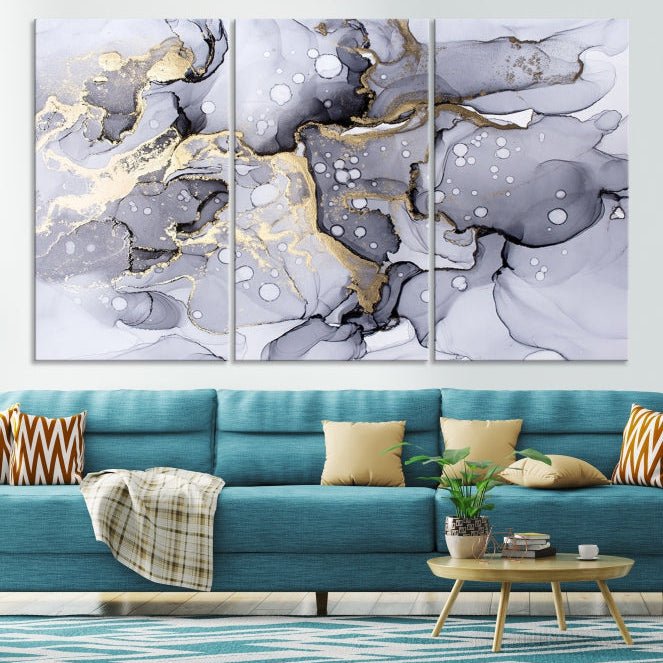 Gray Gold Abstract Painting on Giclee Canvas Wall Art Print Framed