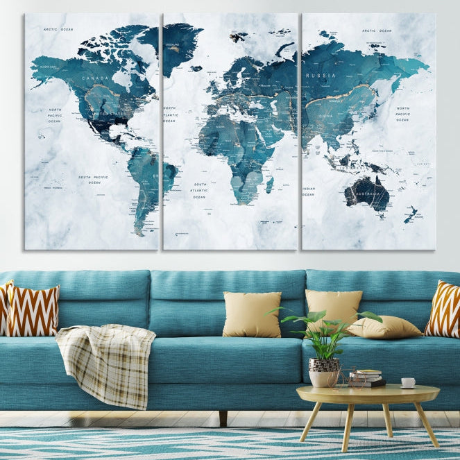 Blue World Map Extra Large Wall Art Canvas Print