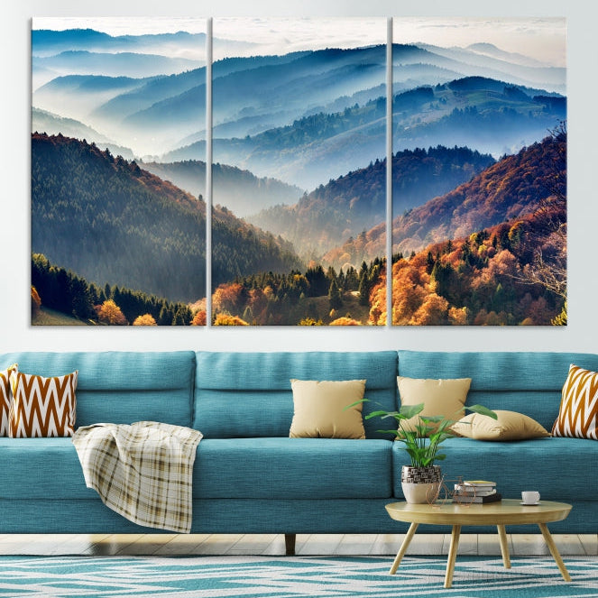 Mountain Misty Forest Foggy Autumn Framed Canvas Wall Art Giclee Print