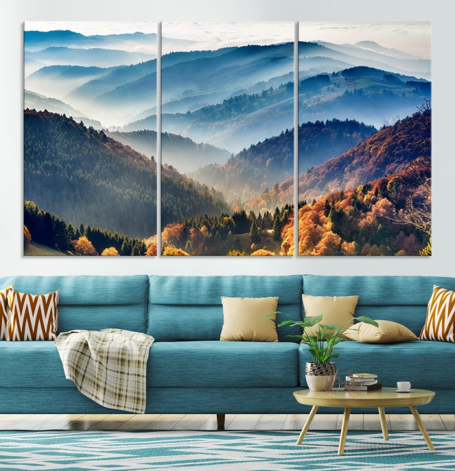 Mountain Misty Forest Foggy Autumn Framed Canvas Wall Art Giclee Print