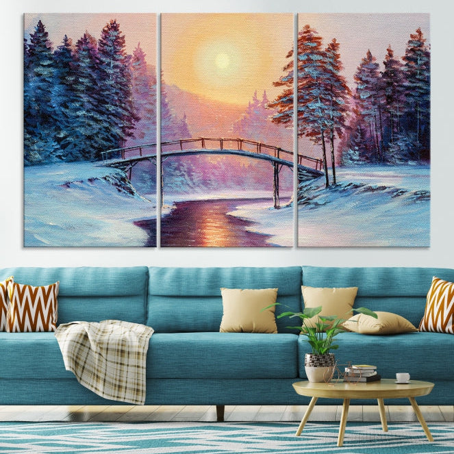 Beautiful Winter Landscape Painting Snowy Bridge Giclee Canvas Extra Large Wall Art Print