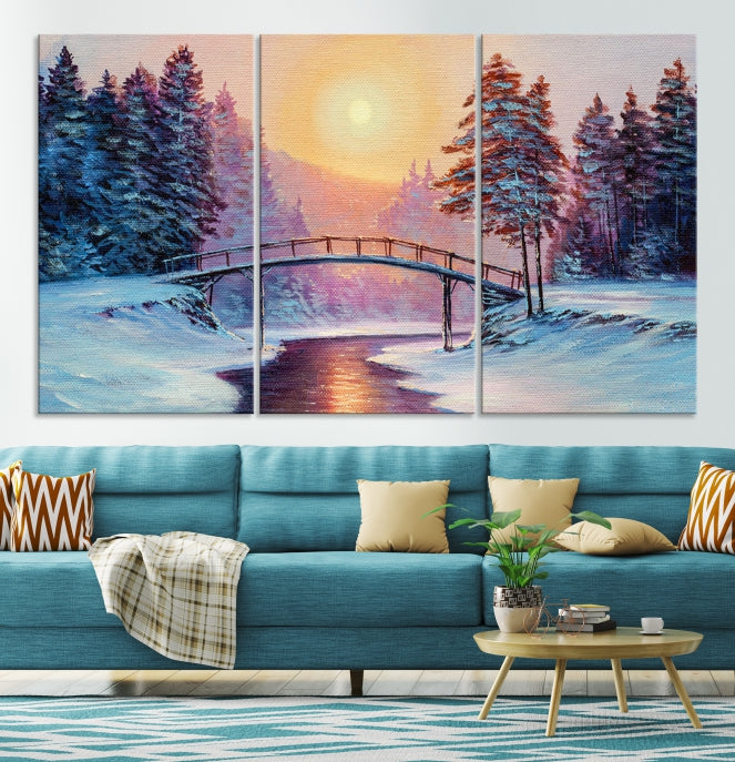 Beautiful Winter Landscape Painting Snowy Bridge Giclee Canvas Extra Large Wall Art Print