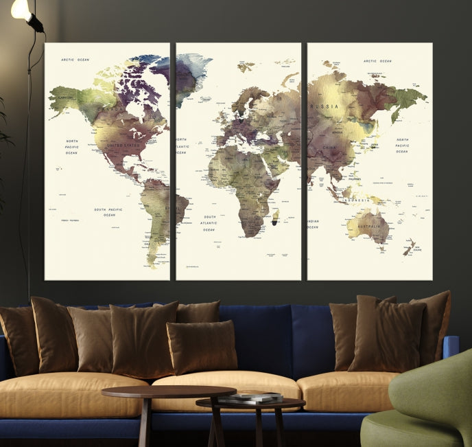 Vivid Colors Detailed World Map Wall Art Push Pin Travel Map Canvas Print