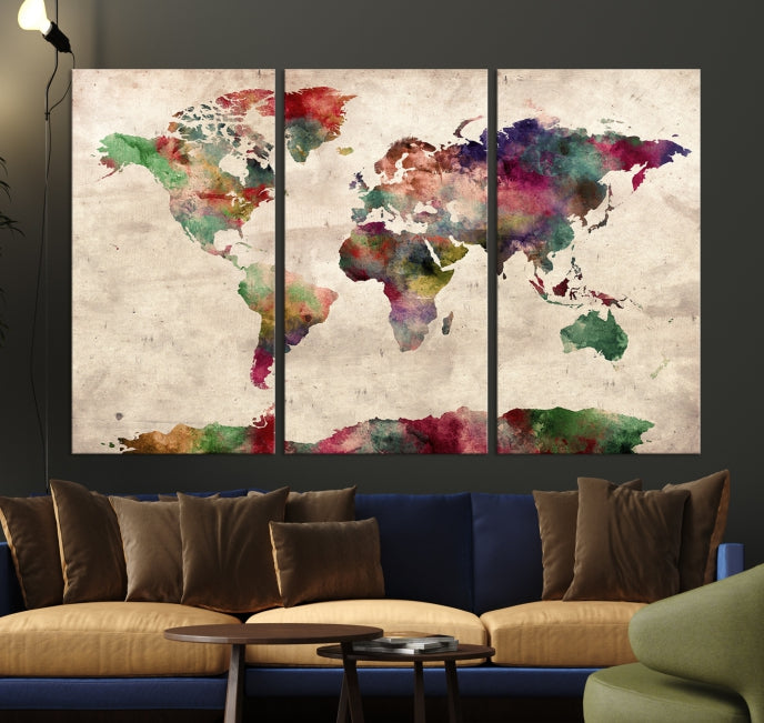 Colorful Watercolor World Map Framed Canvas Wall Art Giclee Print