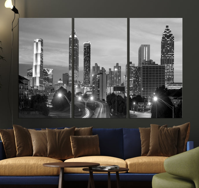 Atlanta City Cloudy Skyline Black and White Cityscape Canvas Print