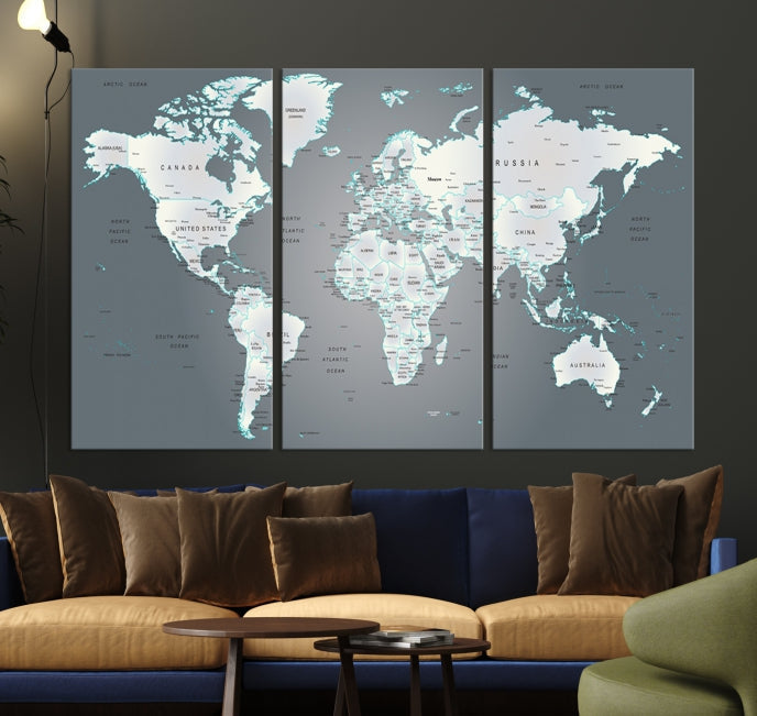 Gray World Map Push Pin Travel Map Canvas Wall Art Giclee Print