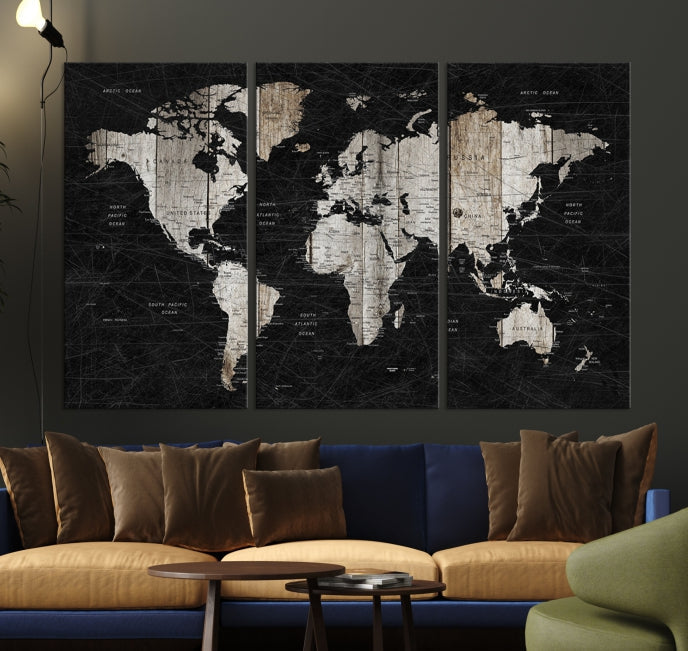 Black Push Pin World Map Detailed Framed Wall Art Canvas Print