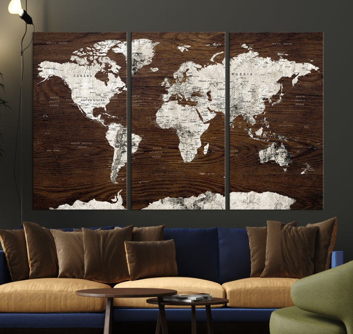 White Coloured World Map on Brown Background Large Canvas Print Wall Art