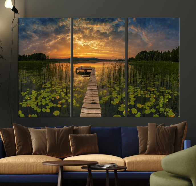 Flowers and Sunset at Lake Wall Art Natural Landscape Canvas Print
