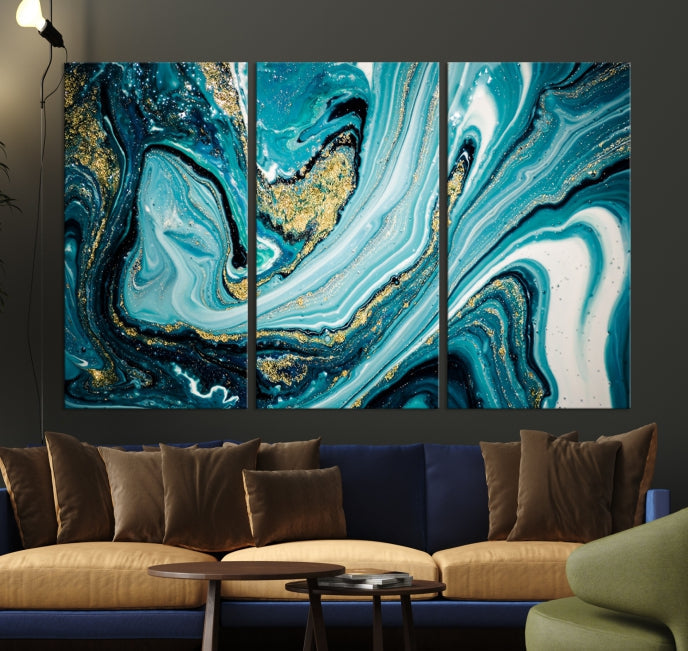 Turquoise Gold Marble Modern Abstract Painting Large Canvas Wall Art Giclee Print