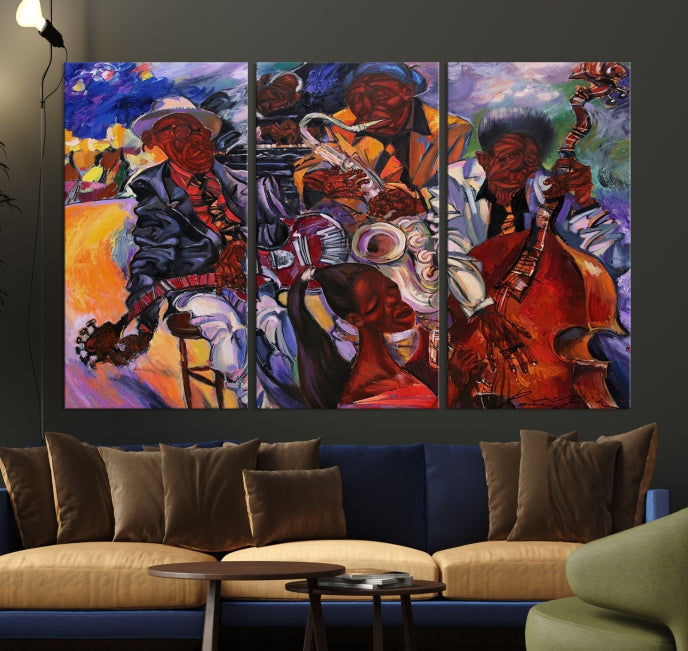 African American Jazz Mucisian Orchestra Abstract Painting on Giclee Canvas Wall Art Print