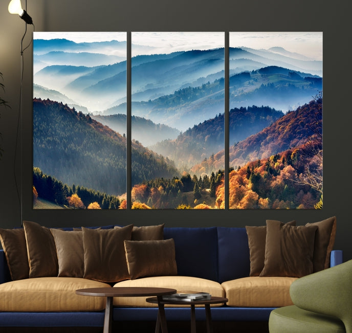 Mountain Misty Forest Foggy Autumn Framed Canvas Wall Art Giclee Print