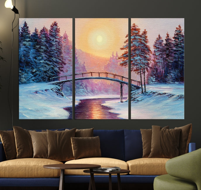 Beautiful Winter Landscape Painting Snowy Bridge Giclee Canvas Extra Large Wall Art Print