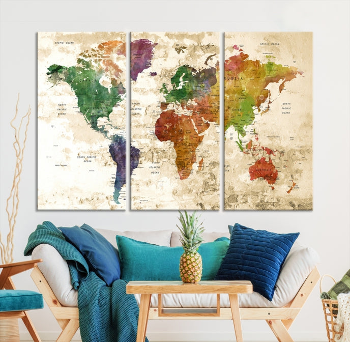 Push Pin World Map Canvas Print with Brownish Background Extra Large Framed Map Poster