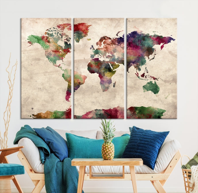 Colorful Watercolor World Map Framed Canvas Wall Art Giclee Print