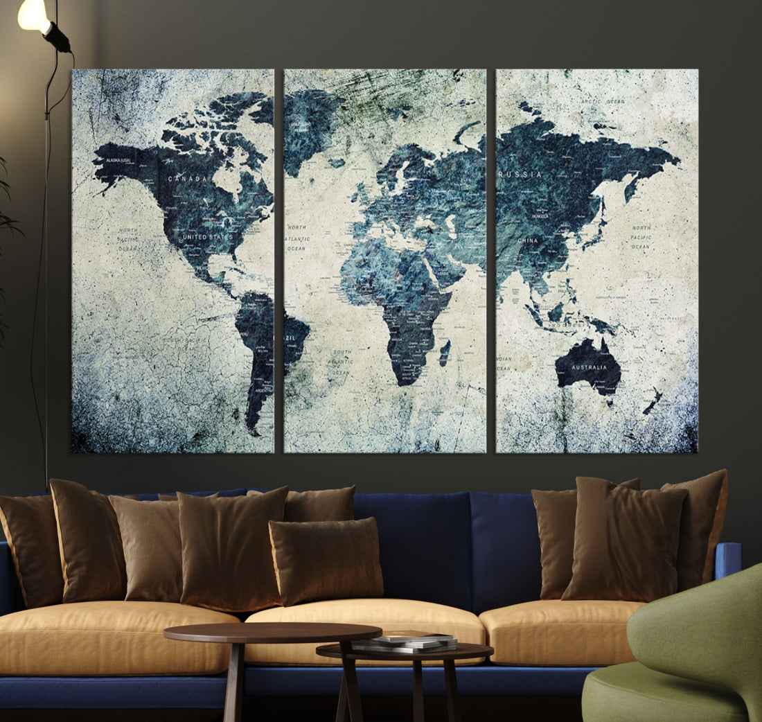 Extra Large World Map Wall Art Watercolor Painting on Canvas Print Grunge Vintage Decor