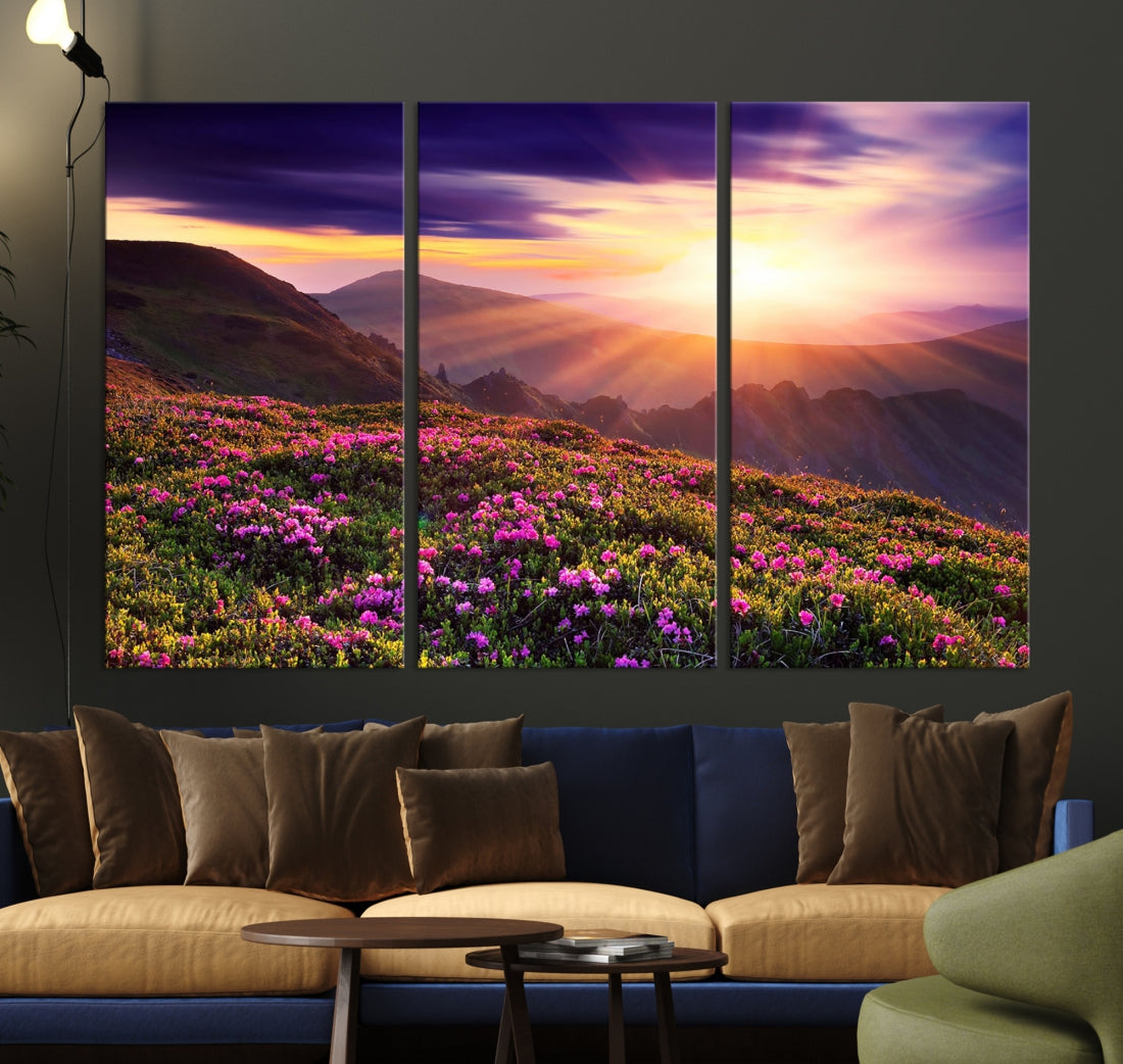 Alluring Spring Mountain with Flowers Sunset Landscape Canvas Wall Art Print