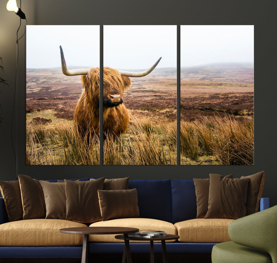 Highland Cow Canvas Wall Art Print Mountain Landscape Animal Canvas Art Home Office Decor Artwork for Living Room Framed and Stretched Ready to Hang Split Art Large Canvas Picture