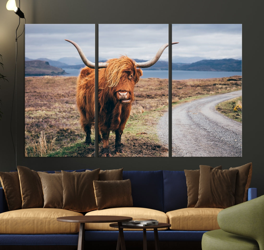 Highland Cow with Big Horn Canvas Wall Art Animal Photo Print Wall Decor