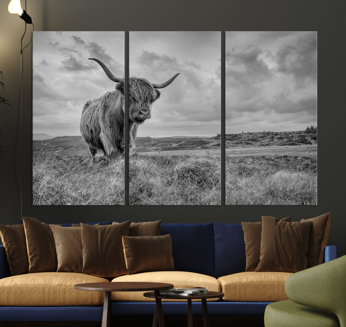 Grayscale Highland Cow Canvas Art Print Extra Large Animal Picture Print on Canvas