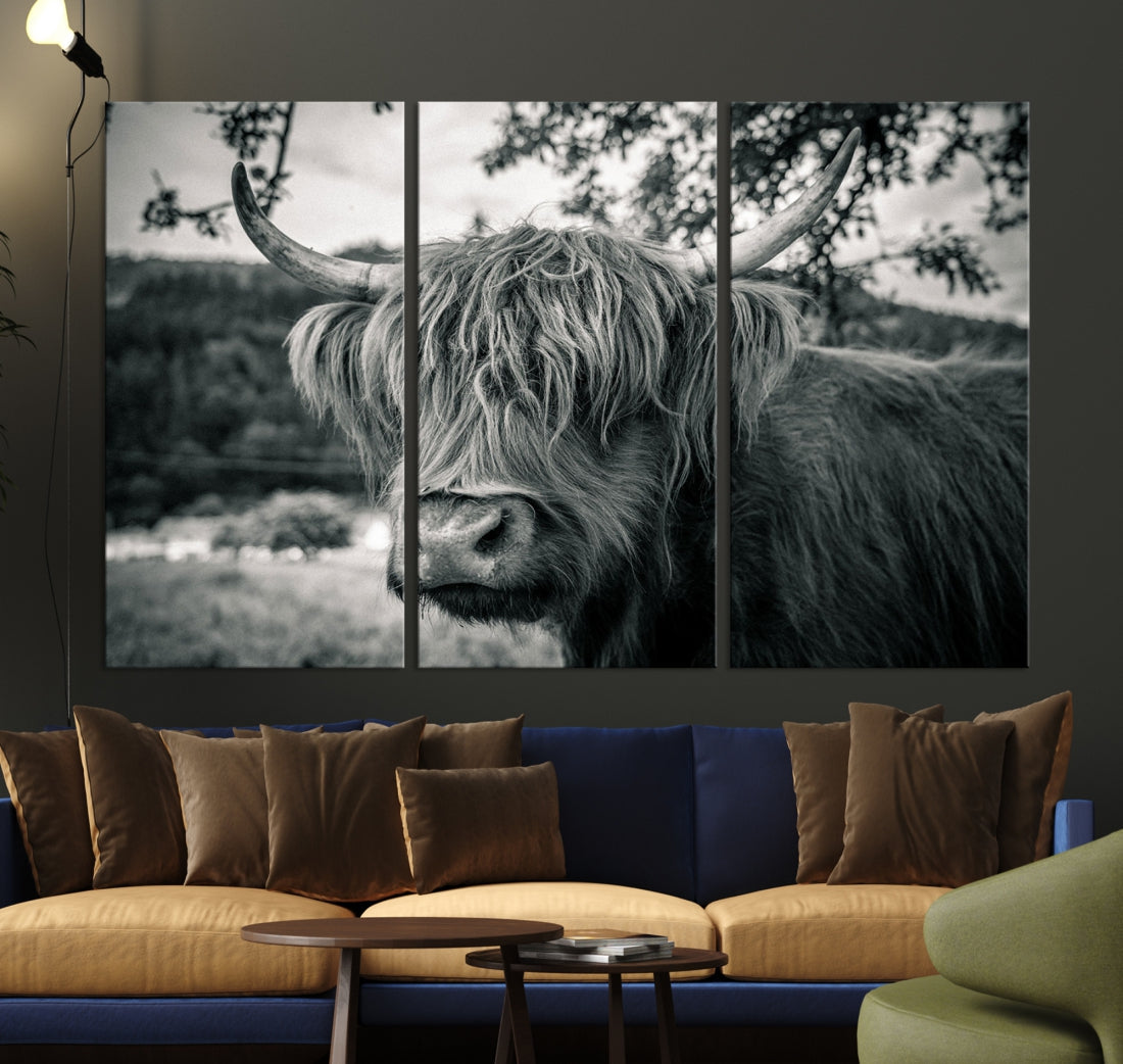 Beautiful Highland Cow Wall Art Large Canvas Print Black and White Wall Decor
