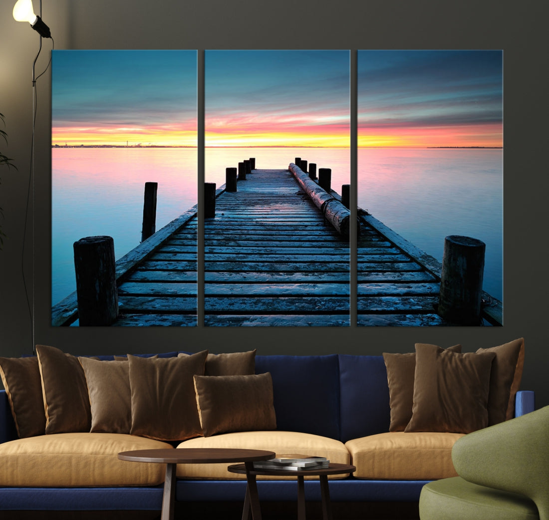 Fantastic Sunset over the Horizon Old Pier Seascape Ocean Wall Art Canvas Print