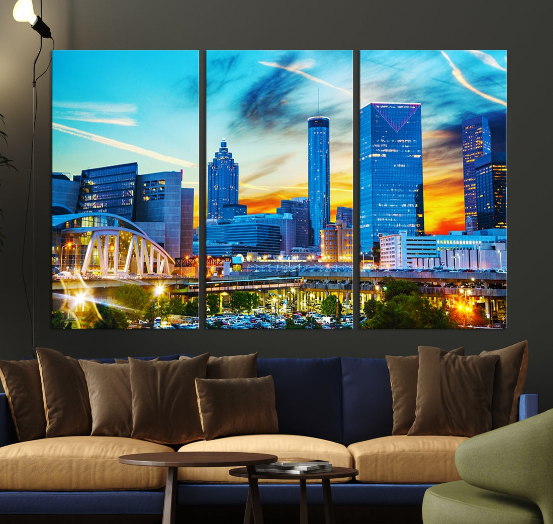Mesmerizing Atlanta City Sunset Blue Skyline Cityscape Large Canvas Wall Art Print