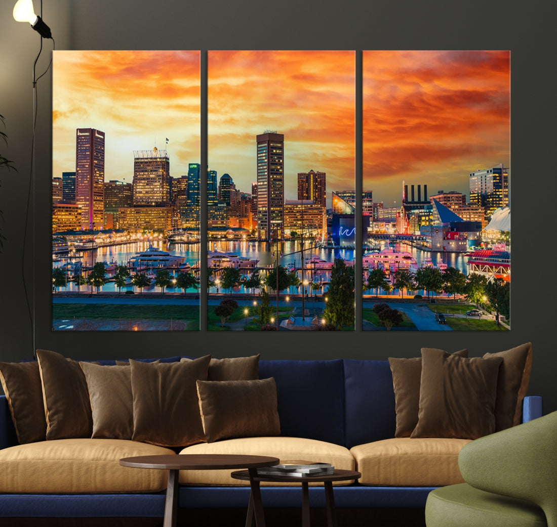 Sunset over Baltimore City Skyline Canvas Wall Art Large Cityscape Print