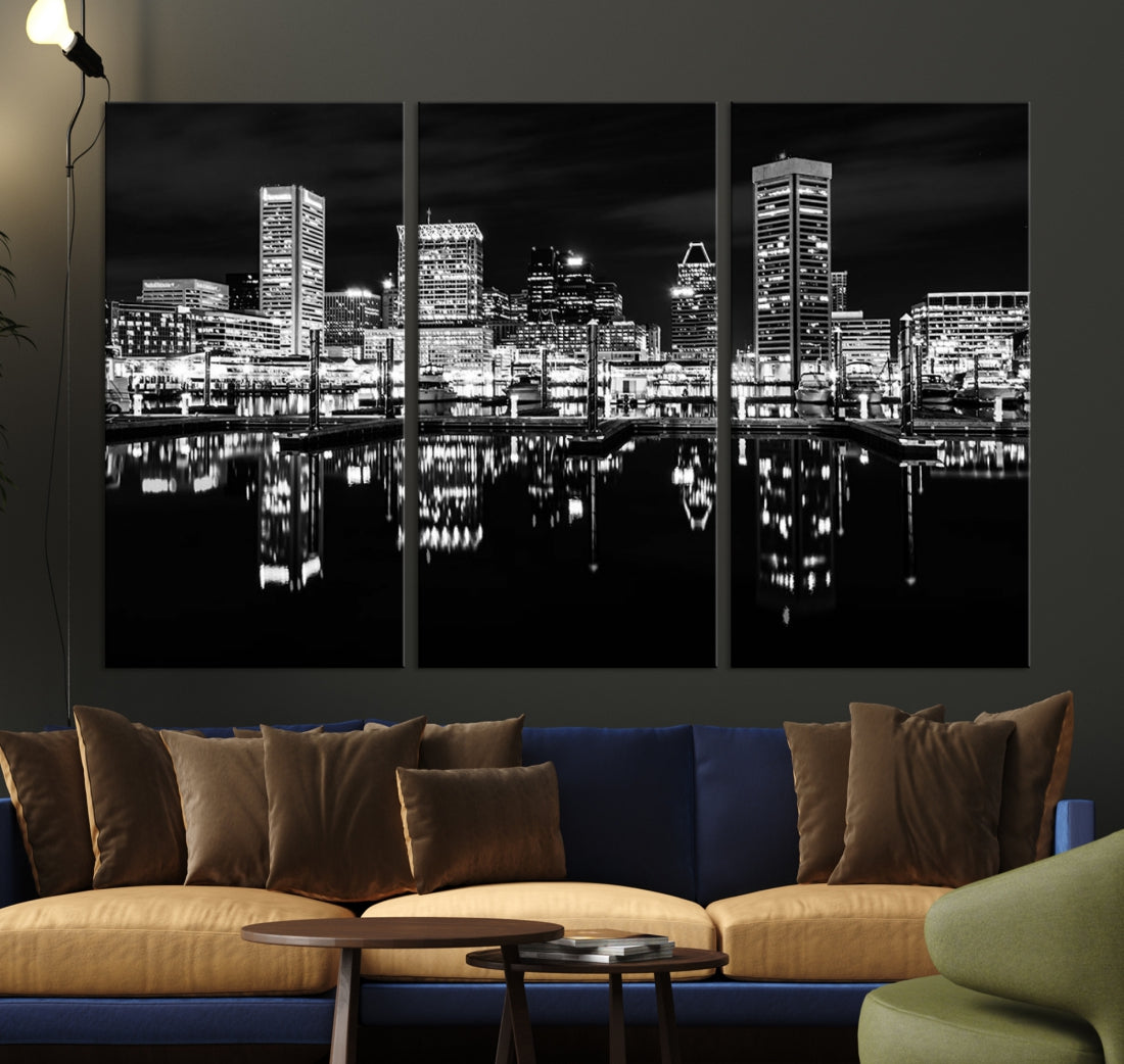 Black and White Baltimore Downtown Night Skyline Wall Art Cityscape Canvas Print