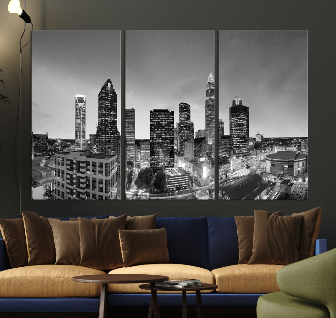 Aerial Charlotte City Skyline Wall Art Black and White Cityscape Canvas Print