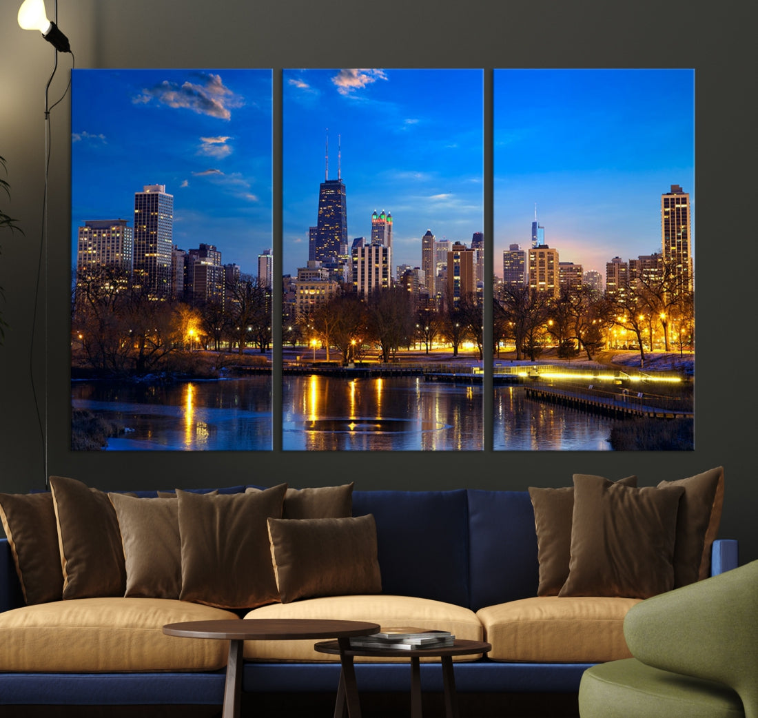 Large Chicago Skyline Wall Art Night Cityscape Canvas Print Home Decor