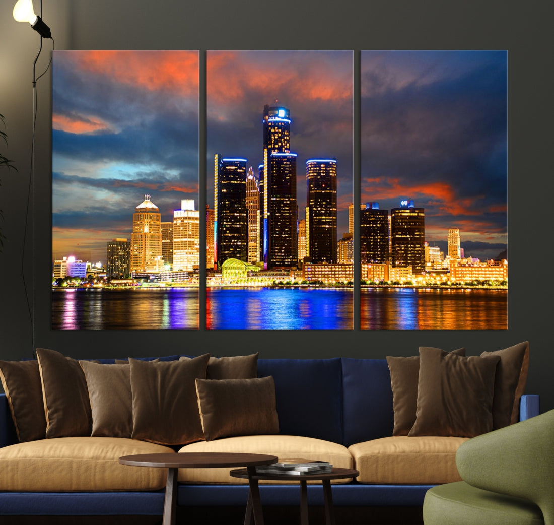 Bright Detroit Skyline Picture Print Skyline Wall Art Canvas Ready to Hang