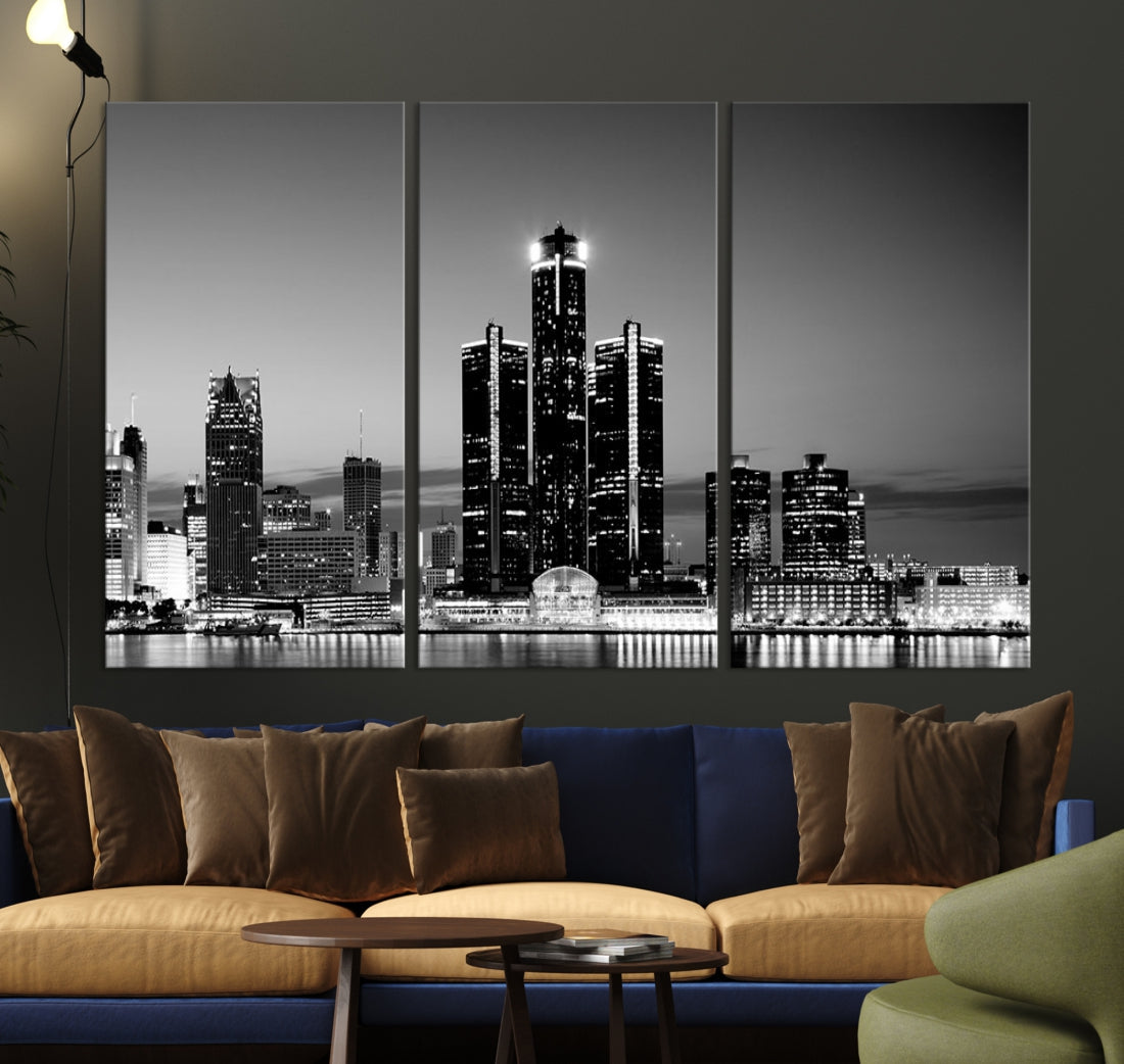 Extra Large Detroit Skyline Black and White Cityscape Wall Art Canvas Print