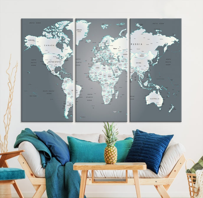 Gray World Map Push Pin Travel Map Canvas Wall Art Giclee Print