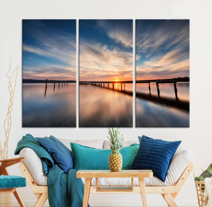 Wooden Pier at Sunset Seascape Wall Art Canvas Print for Home Office Decor