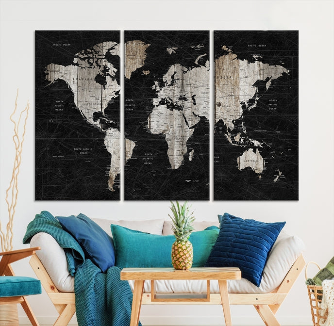 Black Push Pin World Map Detailed Framed Wall Art Canvas Print