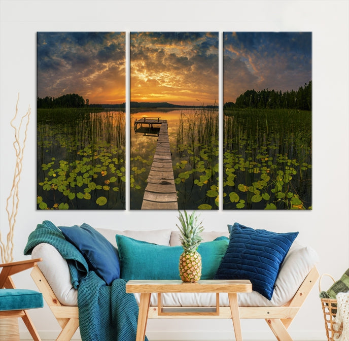 Flowers and Sunset at Lake Wall Art Natural Landscape Canvas Print