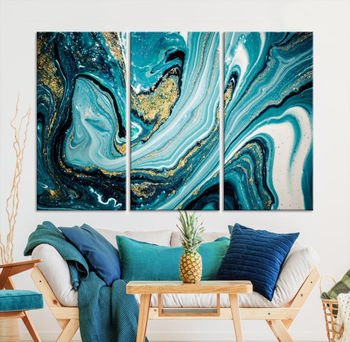 Turquoise Gold Marble Modern Abstract Painting Large Canvas Wall Art Giclee Print