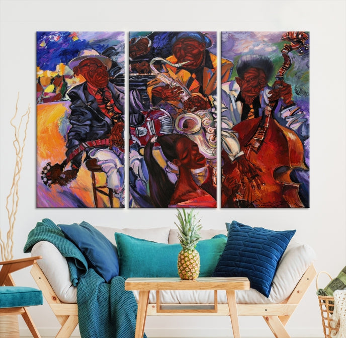 African American Jazz Mucisian Orchestra Abstract Painting on Giclee Canvas Wall Art Print