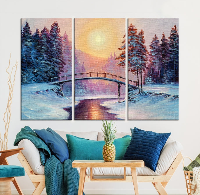 Beautiful Winter Landscape Painting Snowy Bridge Giclee Canvas Extra Large Wall Art Print