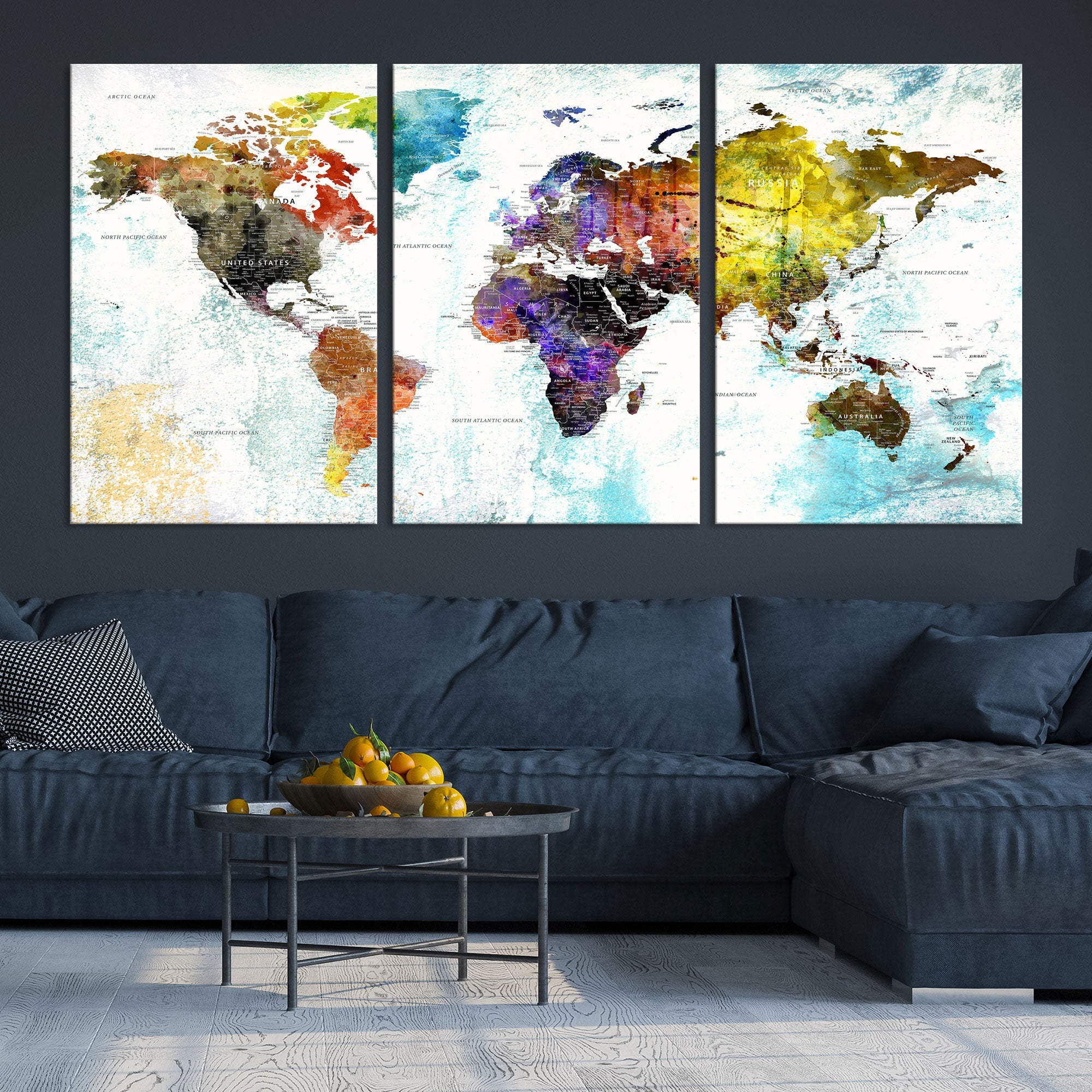 Watercolor Colorful World Map Wall Art Canvas Print Large Giclee Printing Home Decor