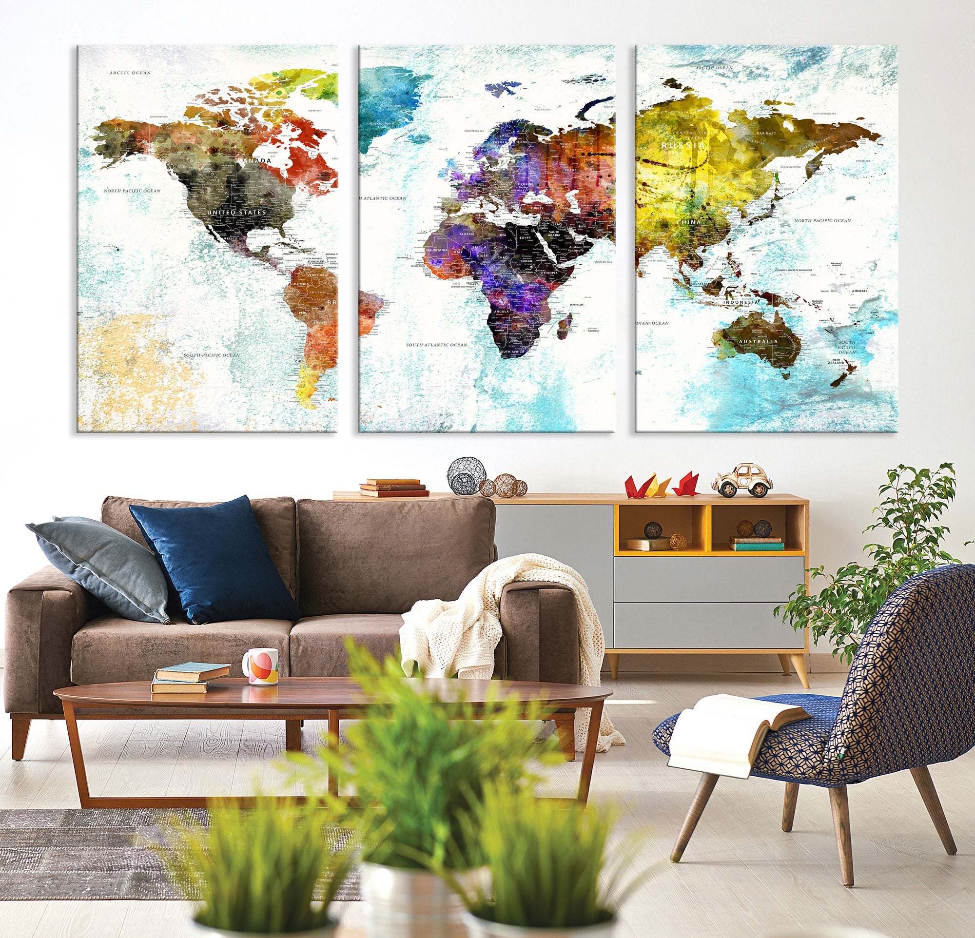 Watercolor Colorful World Map Wall Art Canvas Print Large Giclee Printing Home Decor
