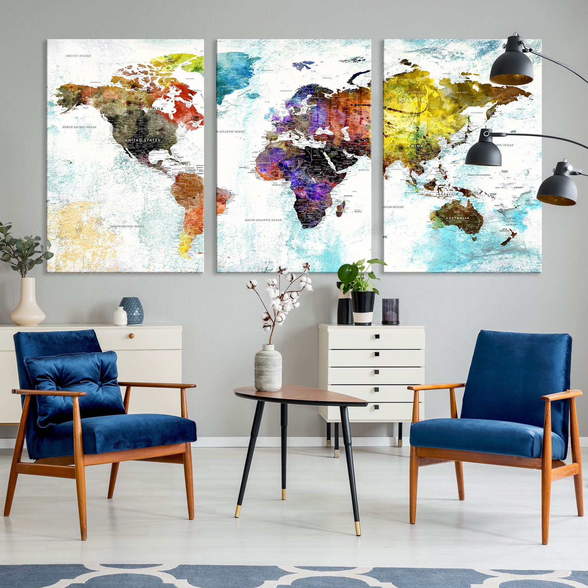 Watercolor Colorful World Map Wall Art Canvas Print Large Giclee Printing Home Decor