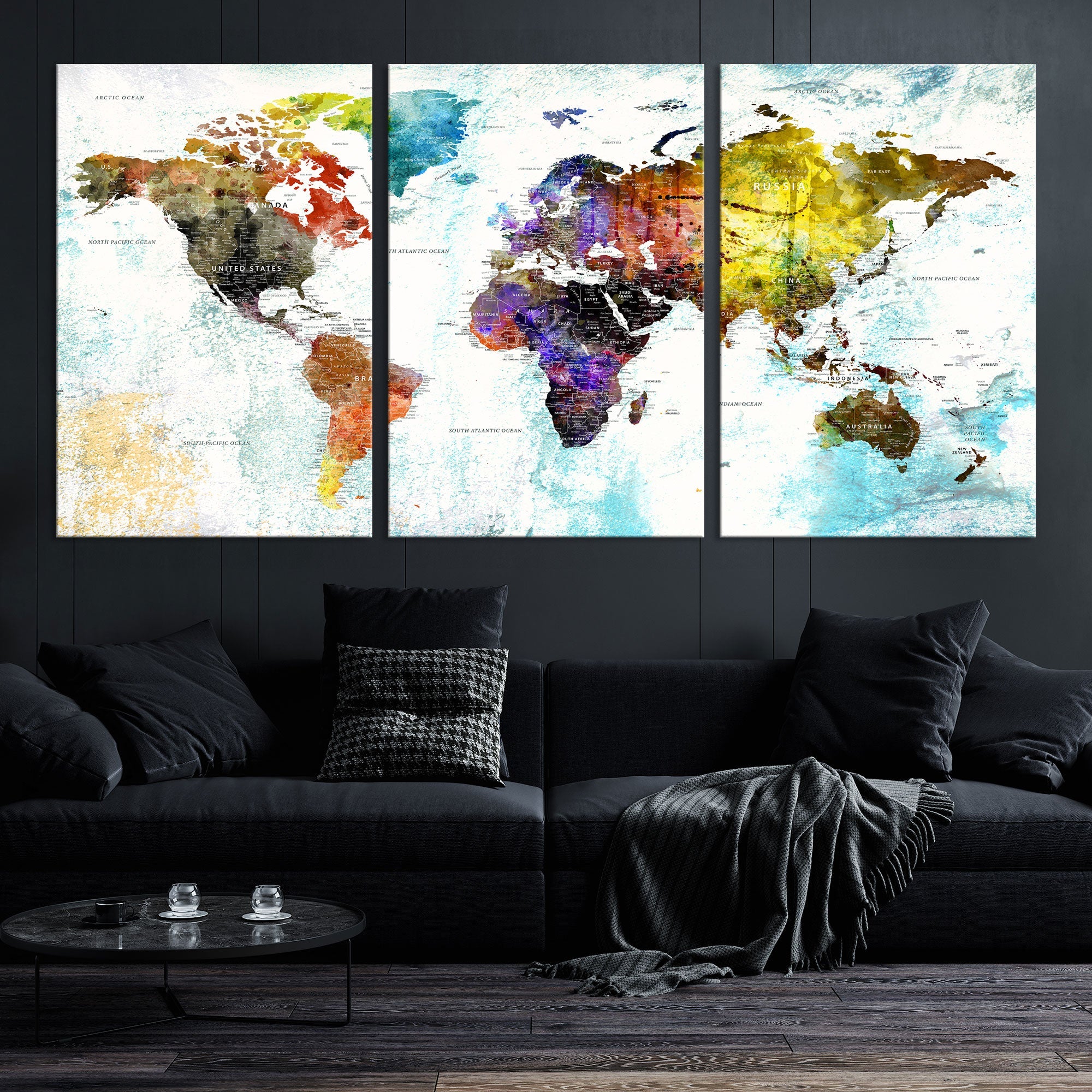 Watercolor Colorful World Map Wall Art Canvas Print Large Giclee Printing Home Decor