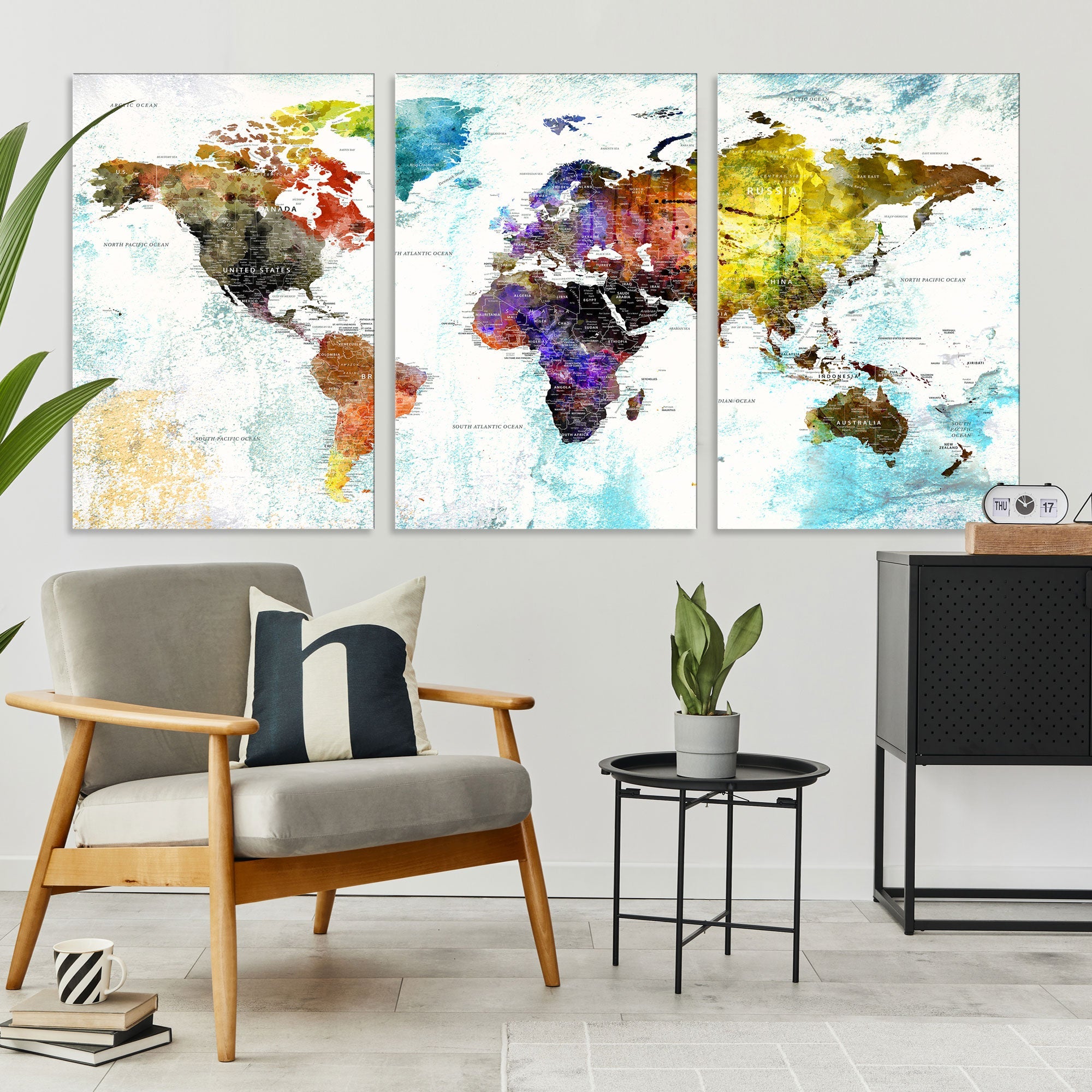 Watercolor Colorful World Map Wall Art Canvas Print Large Giclee Printing Home Decor