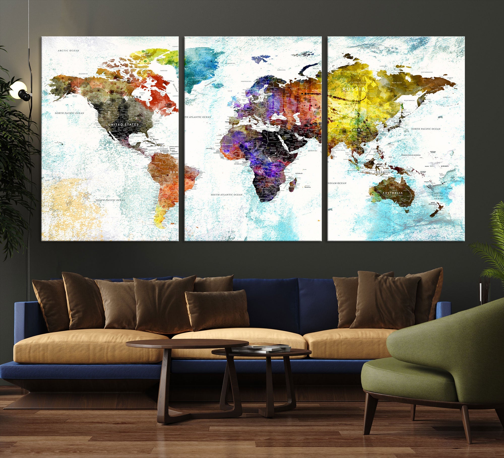 Watercolor Colorful World Map Wall Art Canvas Print Large Giclee Printing Home Decor