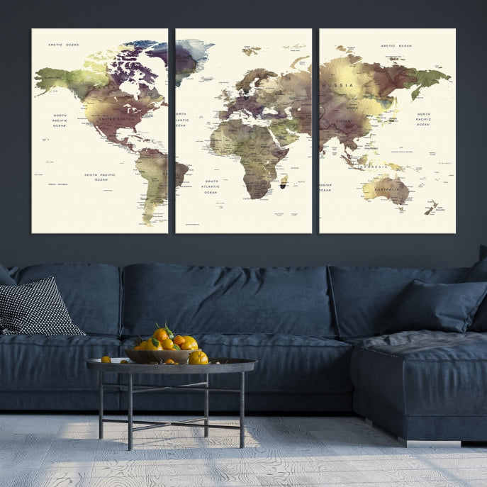 Vivid Colors Detailed World Map Wall Art Push Pin Travel Map Canvas Print