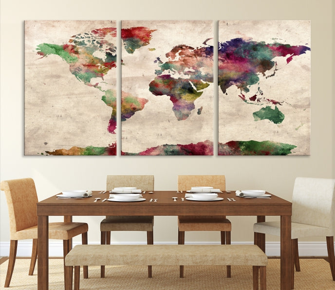 Colorful Watercolor World Map Framed Canvas Wall Art Giclee Print