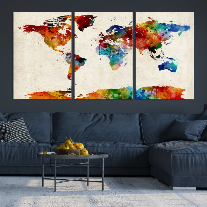 Large Wall Art World Map Watercolor Canvas Print