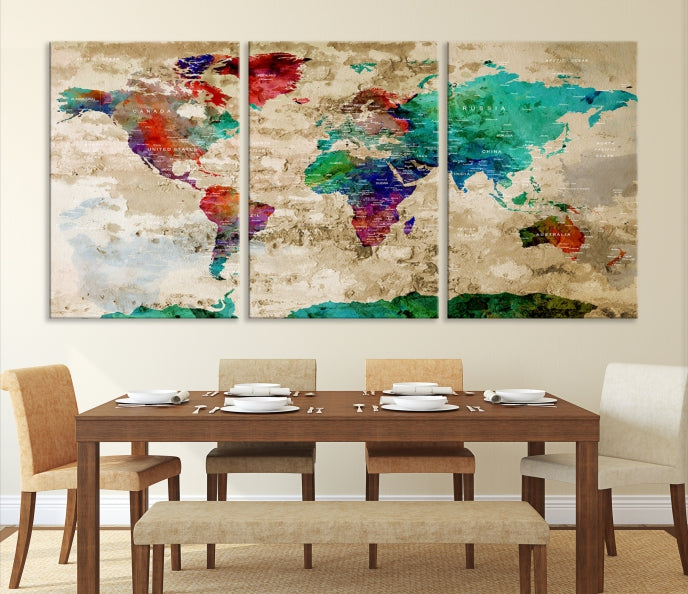 Multi Panel World Map with Push Pins Detailed Map Canvas Wall Art Print